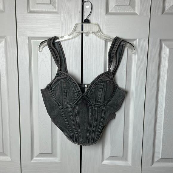 Pretty Little Thing Washed Gray Dip Hem Bust Cup Denim Corset 6 - Picture 1 of 10